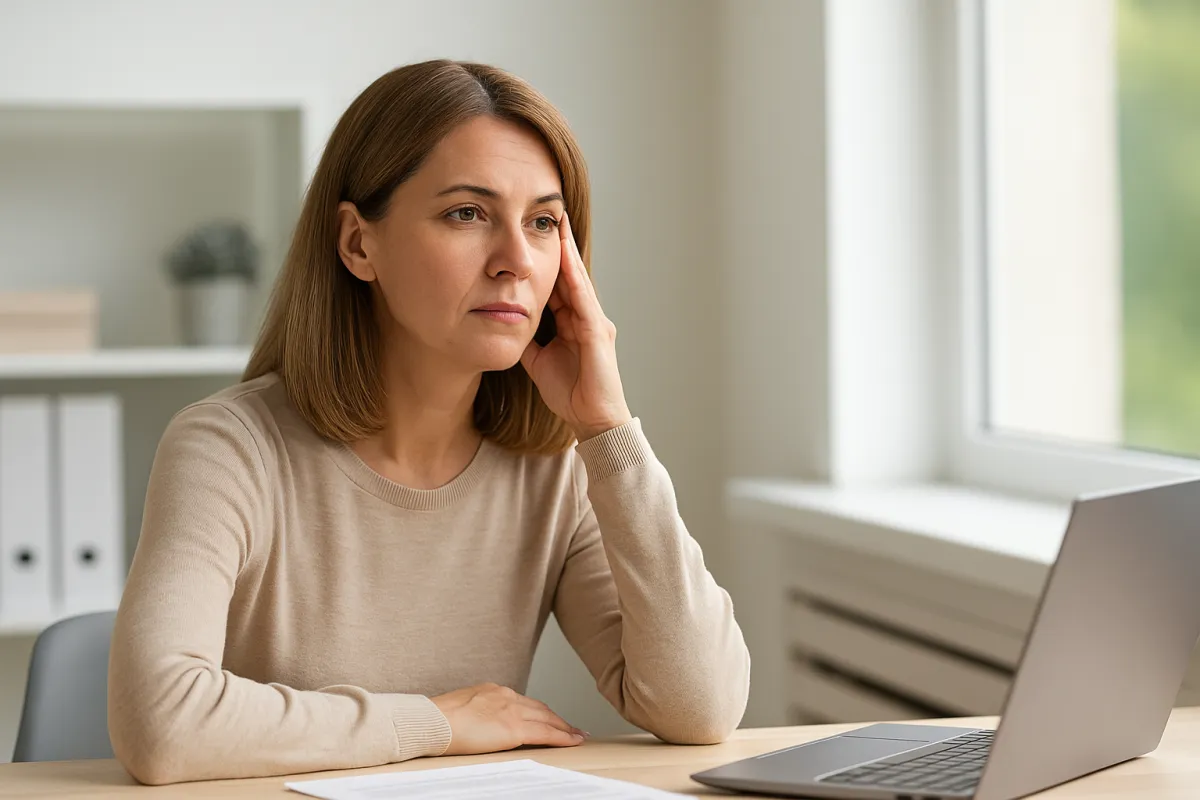 Woman in her 40s looking thoughtful at a desk, symbolizing brain fog and fatigue, at Naturopathic Physicians Group in Scottsdale Arizona