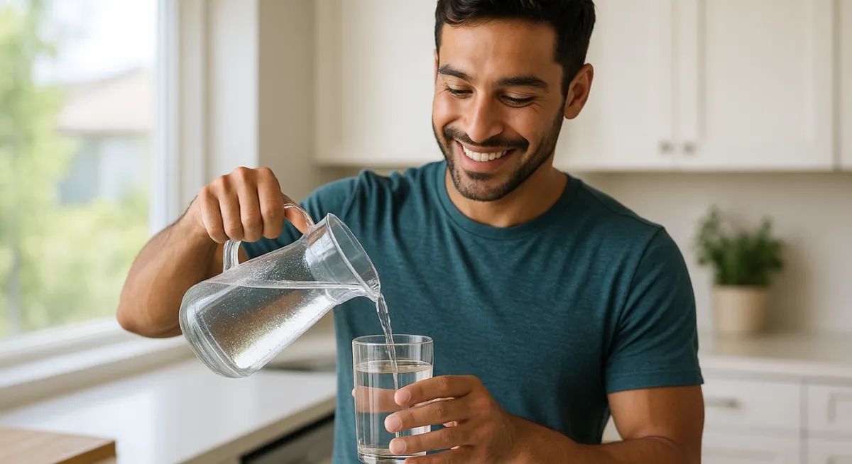 A health-conscious man in his early 30s pours filtered water from a glass pitcher into a tumbler in a bright kitchen, smiling and enjoying a healthy lifestyle. Sunlight streams in, and the scene represents wellness and natural care as promoted by Naturopathic Physicians Group in Scottsdale, Arizona.