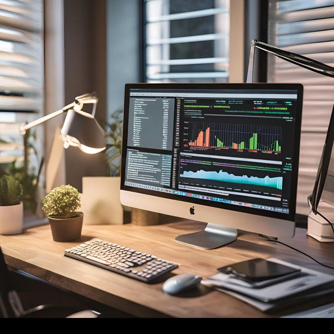 Computer on a desktop with graphs on there screen