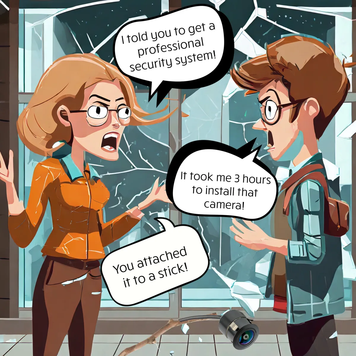 Animated image of two people fighting over DIY security camera fail due to building being broken into