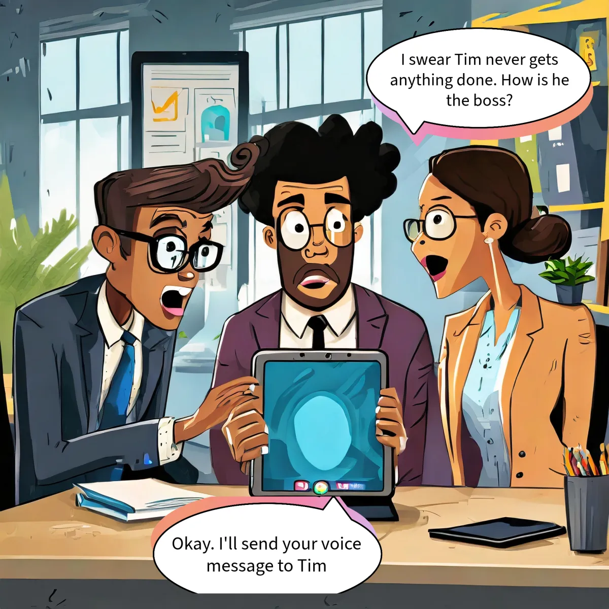 Cartoon image of three workers stunned while smart devices sends message to their boss