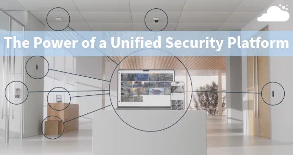 "The Power of a Unified Security Platform" showcasing video surveillance, access control, visitor management, video intercom, mailroom delivery, and environmental sensors connected in one management platform