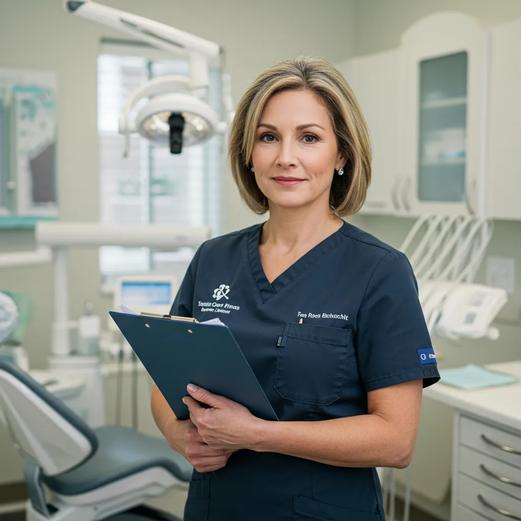 confident practice manager in scrubs