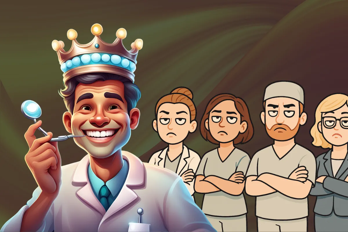Dentist with a crwn is frowned upon by his team
