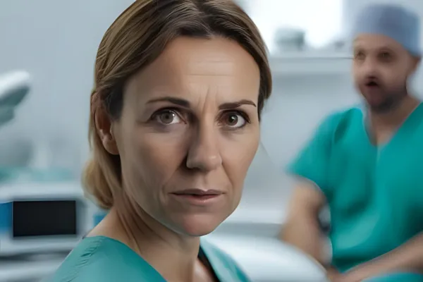 woman close up looking to camera, looking stressed but quietly so.