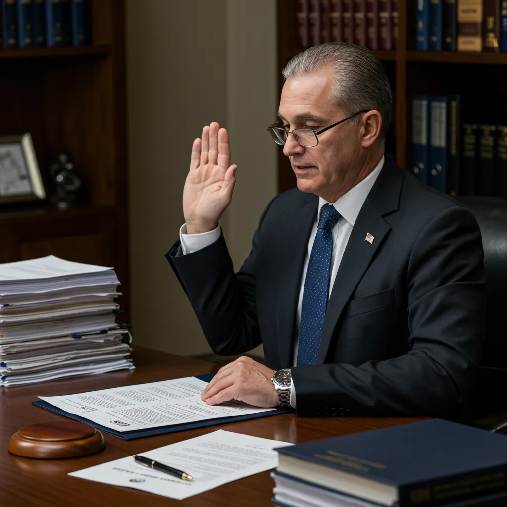 Montana Notary taking oath with legal documents on desk