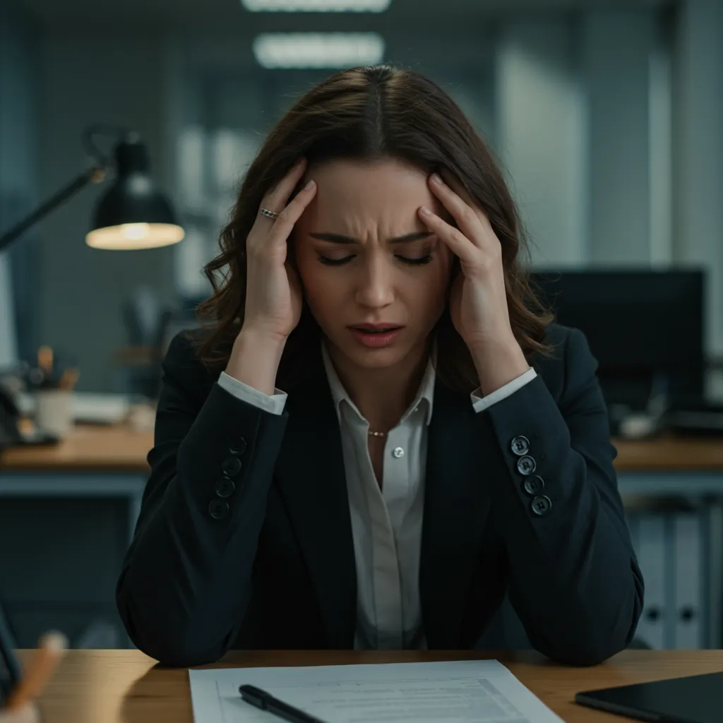 Woman at desk holding her head