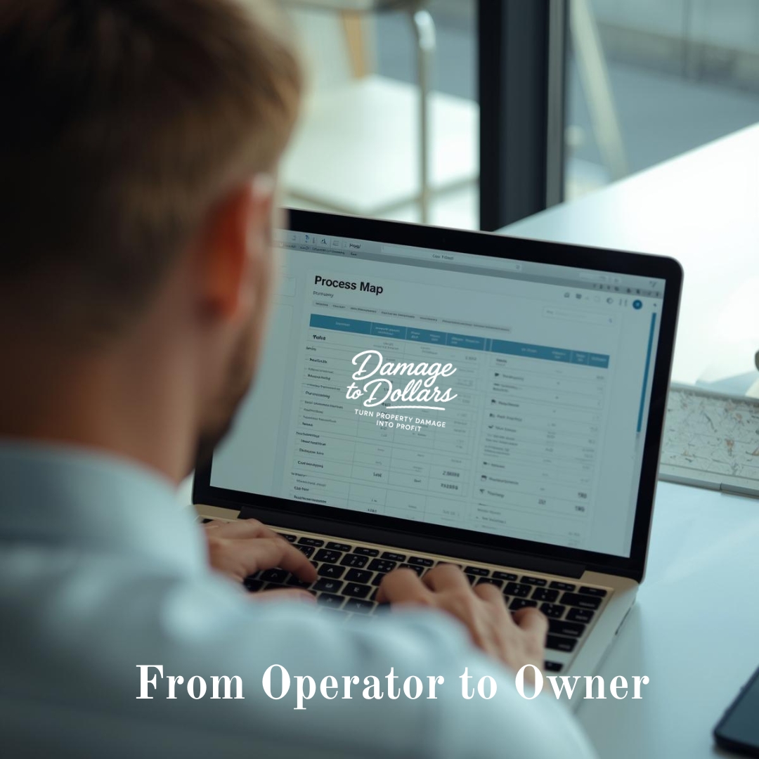 “Restoration business owner confidently reviewing business systems and numbers, representing the transformation and success Damage to Dollars helps new restoration business owners achieve.