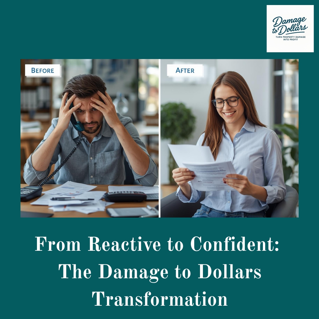 Before and after image showing a restoration business owner overwhelmed by admin and then confidently working with organized systems, illustrating the transformation guided by Damage to Dollars.
