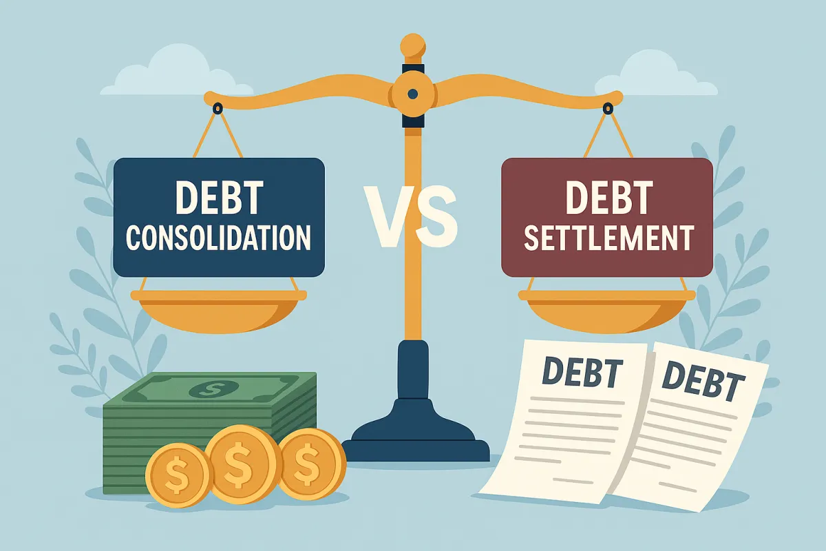 Illustration of a balanced scale comparing debt consolidation and debt settlement with money and debt papers, symbolizing the difference between two major debt relief options.