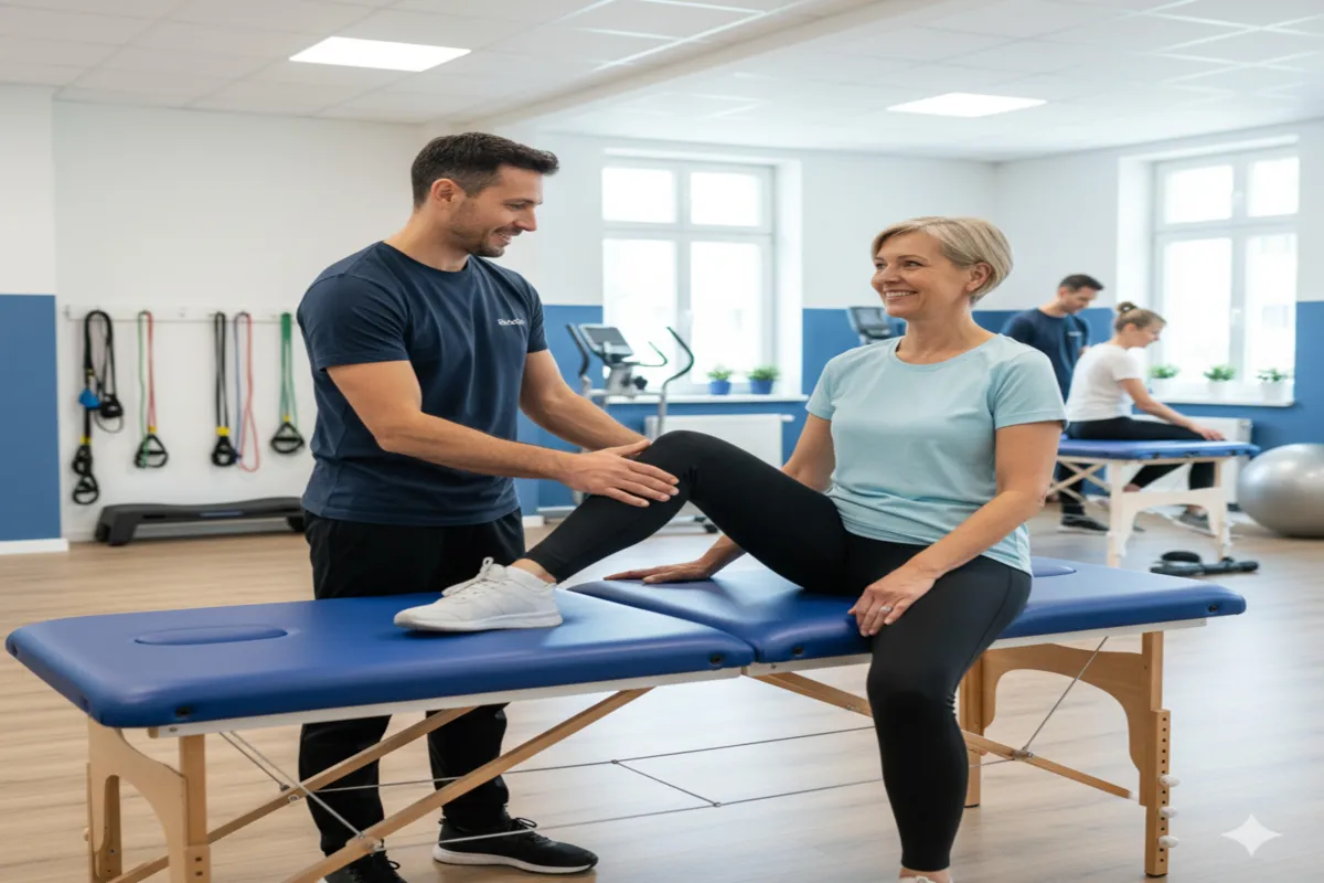 Physical therapist assisting patient with leg exercises to restore movement.