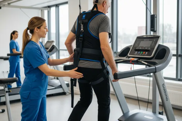 Therapist helping patient during treadmill gait training in physical therapy clinic.