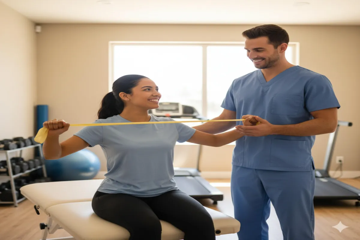 Physical therapist guiding patient through safe exercise session.