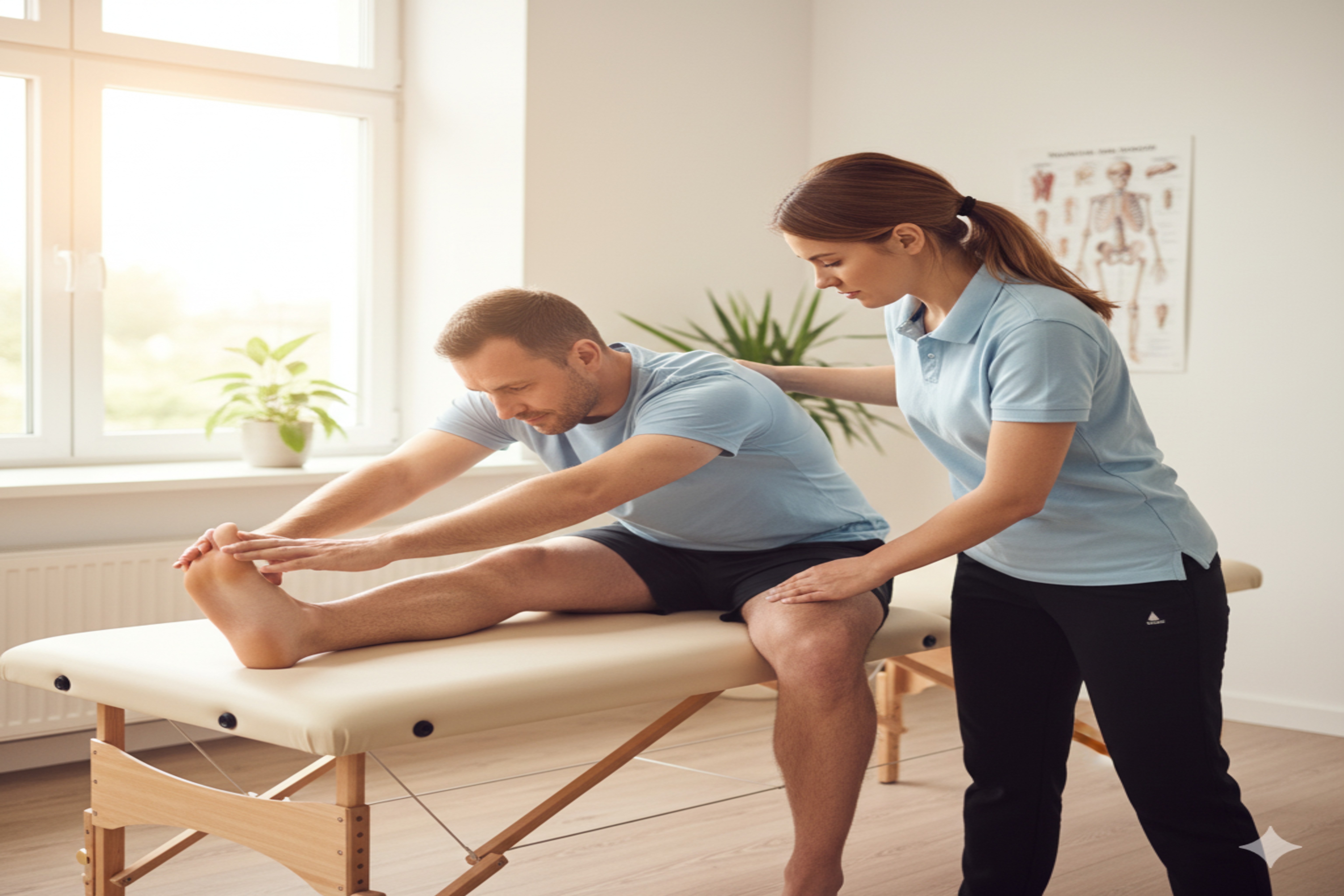 Physical therapist helping patient relieve chronic pain through guided movement.