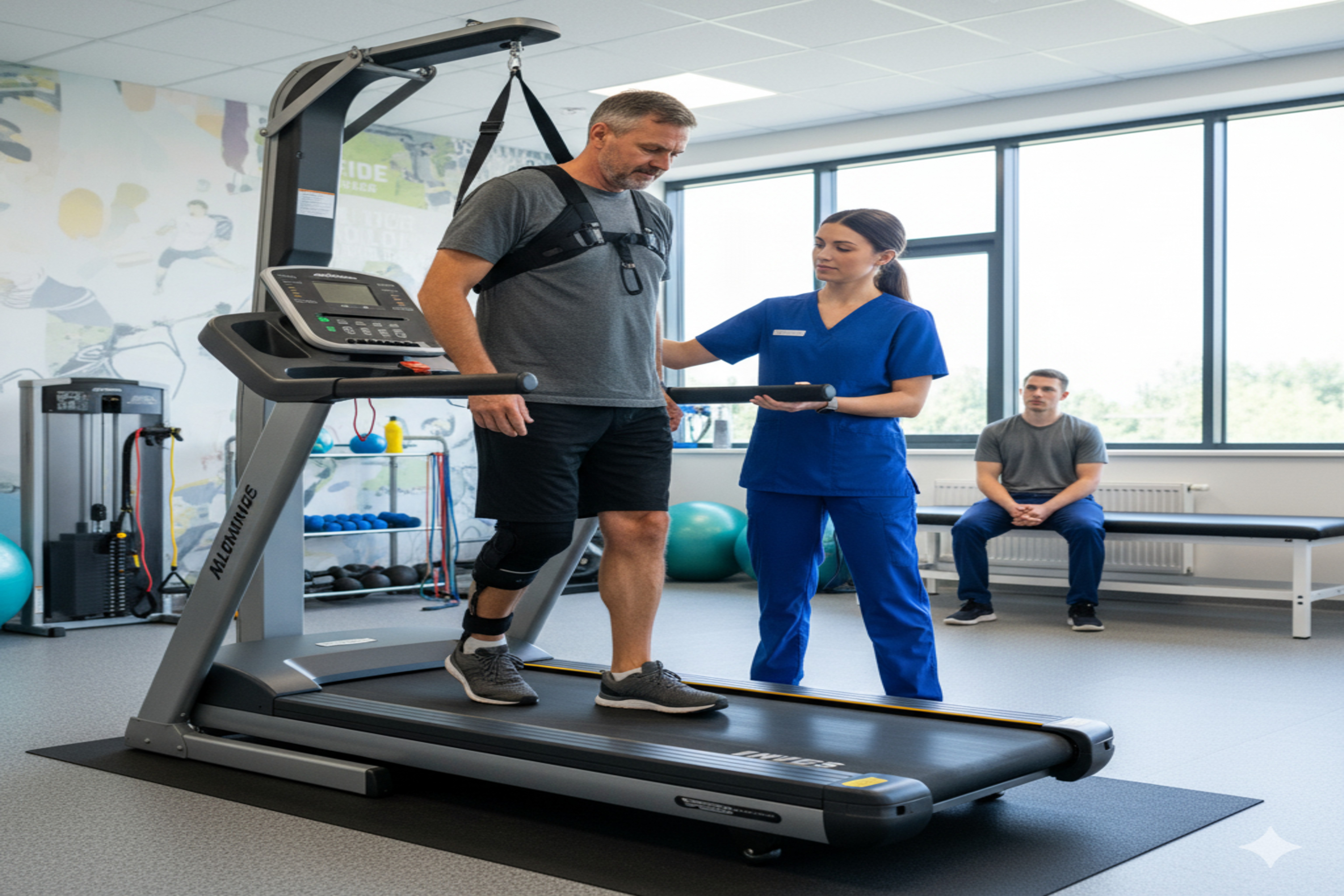 Post-surgery rehabilitation session with a therapist helping a patient walk using support equipment.
