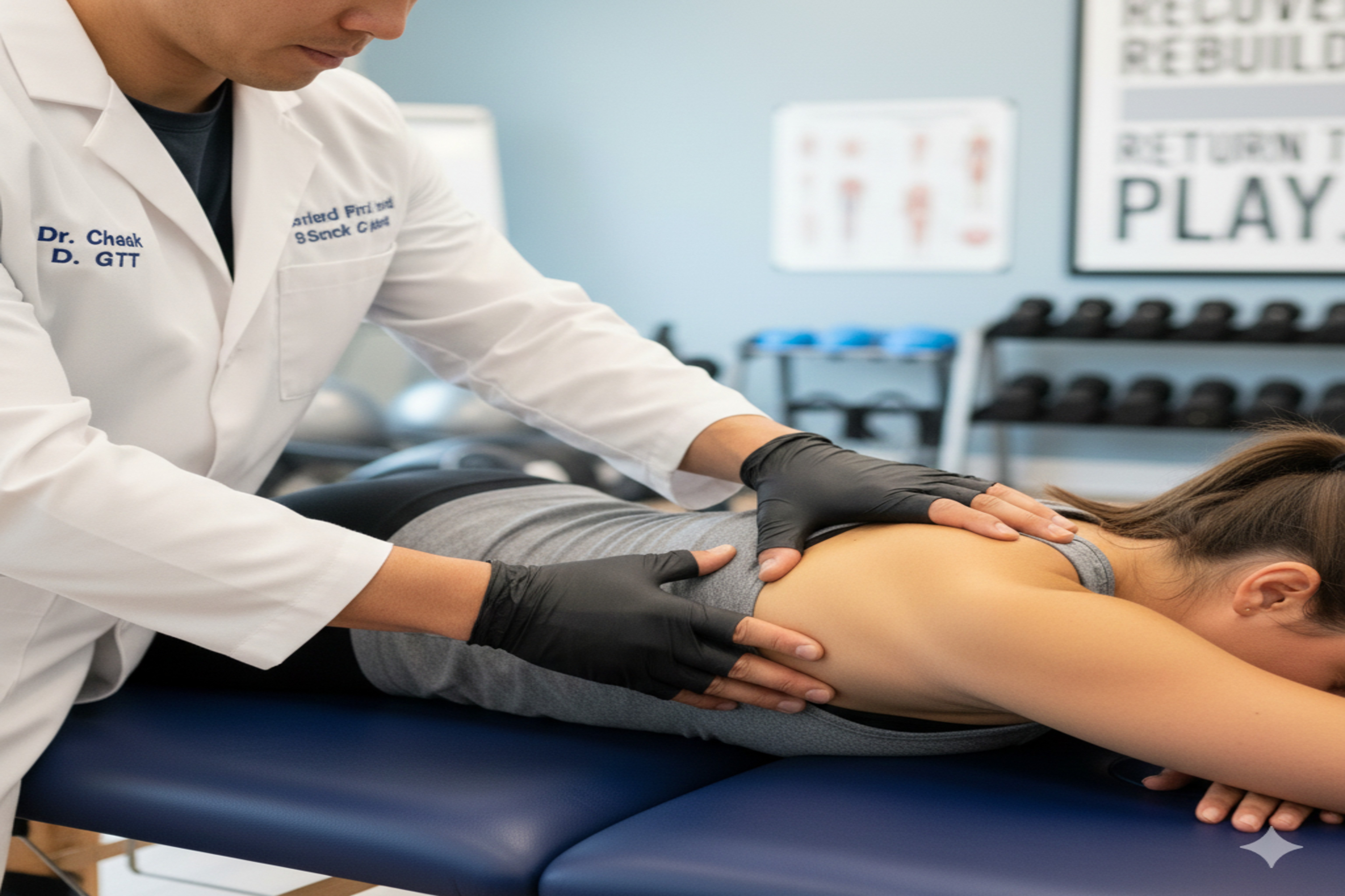 Manual therapy being applied to an athlete’s shoulder by a licensed physical therapist in a bright rehab clinic.