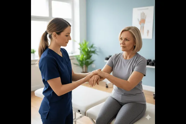 Physical therapist helping an arthritis patient with joint mobility exercises.
