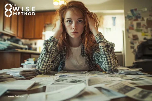 Woman kneeling by a bed with her head in her hands looking towards the camera
