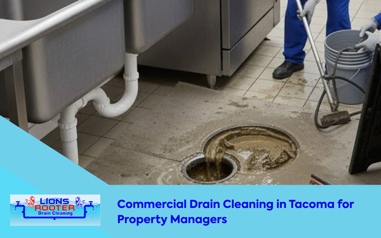 Technician performing commercial drain cleaning in Tacoma for multi-unit property managers.