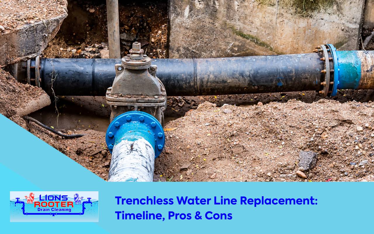 Technician performing trenchless water line replacement using two small access pits in a residential yard