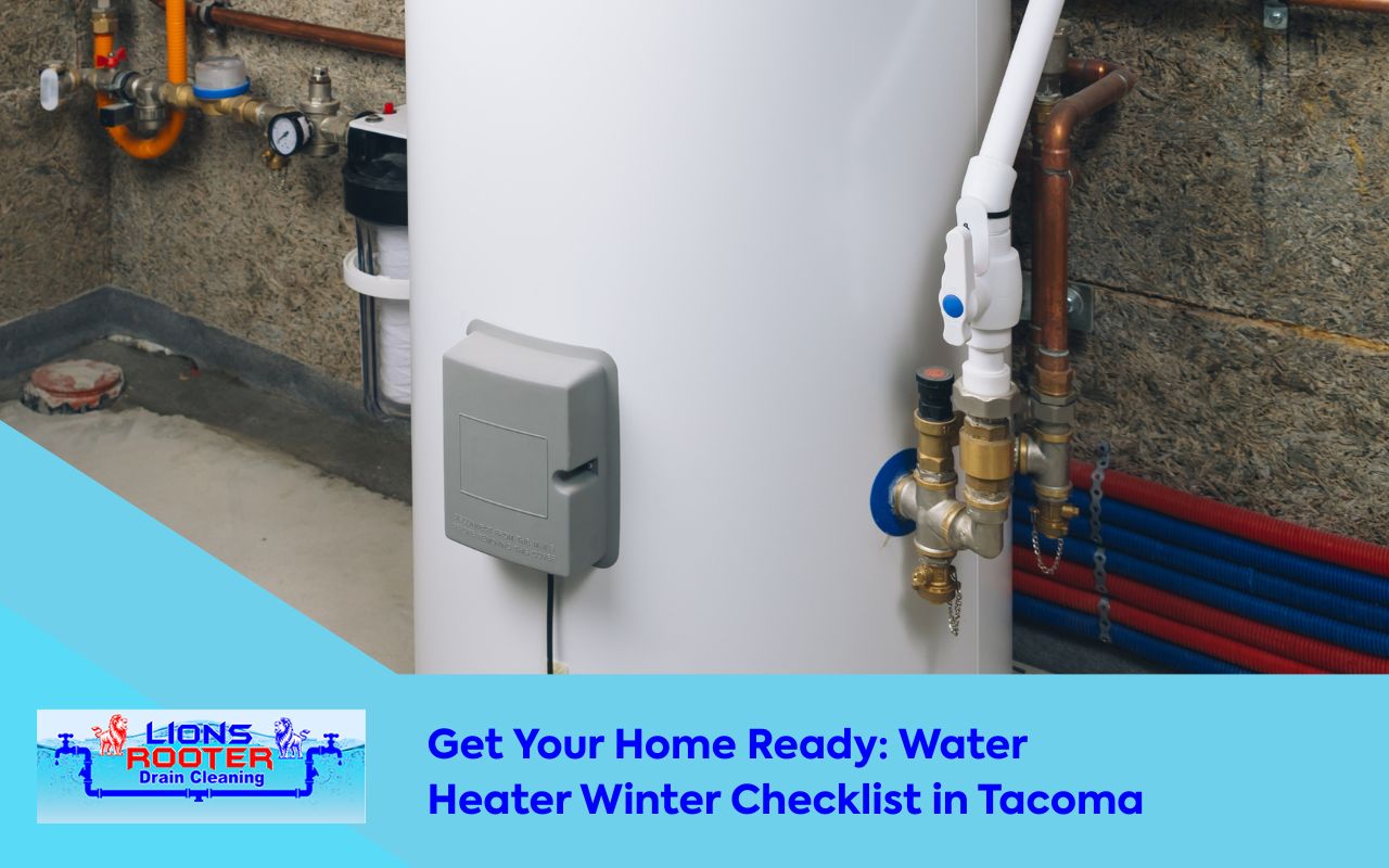Water Heater Winter Checklist in Tacoma with homeowner inspecting the tank before winter.