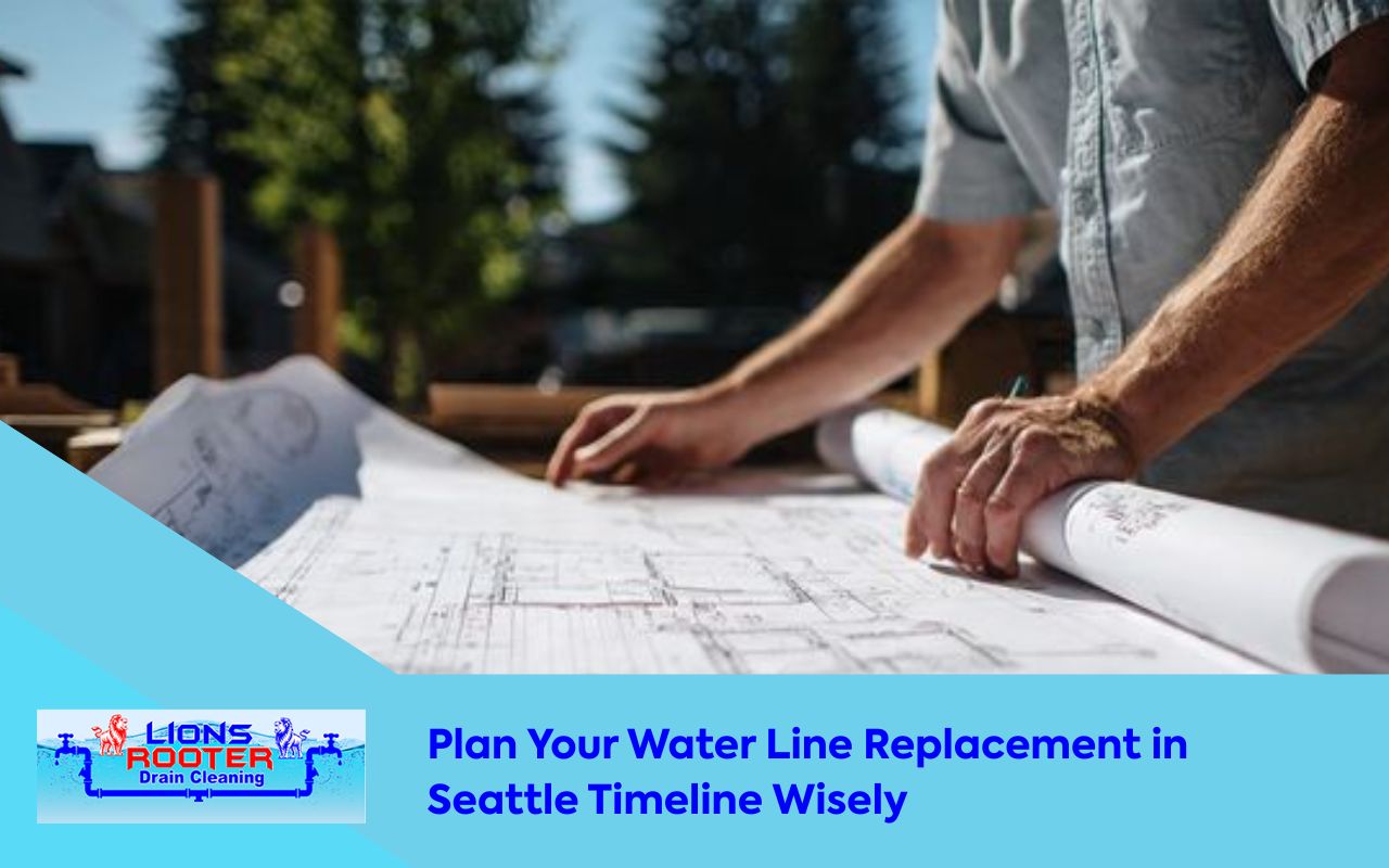 Homeowner reviewing a Water Line Replacement in Seattle Timeline plan with permits and scheduling notes.