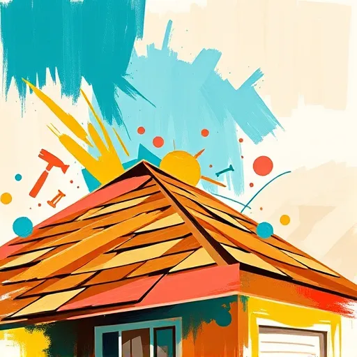 Abstract expressionist painting depicting roofing services in Groveland, Florida, featuring bold, sweeping brushstrokes and a stylized semi-abstract roof structure in warm terracotta and earthy browns. Vibrant splashes of teal, sunflower yellow, and soft coral symbolize durability, affordability, and Florida's sunny warmth. Fluid lines evoke wind and sunlight, creating a lively, energetic atmosphere. Embedded abstract icons of tools like hammers, nails, and shingles reflect craftsmanship. Background layers of sky blue and sandy beige suggest Florida's beaches and skies, while subtle palm silhouette hints incorporate natural elements. The artwork's vigorous brushstrokes and contrasting colors convey trustworthiness, reliability, and a welcoming, energetic vibe for local roofing services.