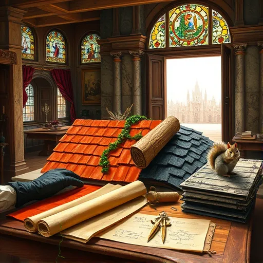 A detailed Renaissance-style painting of an ornate vintage roofing workshop interior. The scene features classical architectural elements such as wooden beams, stone columns, intricate tapestries, and elegant arches. In the foreground, an elaborately carved wooden table displays ceramic tiles in warm terracotta tones with glow effects, weathered slate shingles with moss, rolled parchment scrolls showing tile pattern sketches, and embossed metal roofing sheets with decorative motifs. A pair of gloved hands carefully arranges a bundle of rustic thatch, emphasizing craftsmanship. Nearby, a brass compass and quill rest on a ledger with calligraphic titles, suggesting meticulous planning. Soft sunlight filters through stained-glass windows, casting colorful reflections throughout the space. Whimsical details include tiny vine tendrils winding around scrolls and tiles, and a small squirrel peering from behind shingles, adding a playful touch. The aged stone walls are decorated with sketches and blueprints, with an open archway revealing a distant ancient cityscape. The rich earthy palette of deep reds, warm browns, muted grays, with touches of gold and emerald, evokes a timeless, reverent atmosphere highlighting artistry, craftsmanship, and historical charm.