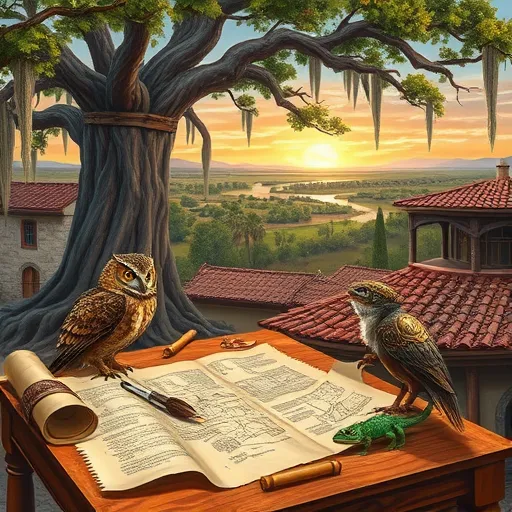 A Renaissance-style oil painting illustrating a whimsical landscape of Wildwood, Florida, emphasizing selecting a skilled roofer. In the foreground, a wooden drafting table displays ancient scrolls and parchment maps with sketches of rooftops, shingles, and architectural notes, topped by a quill. An owl with a painter’s palette perches nearby, symbolizing wisdom, while a cheerful chameleon wearing a miniature carpenter’s tool belt curiously examines the plans. Behind, a medieval open-air market scene features stylized craftsmen in Renaissance attire inspecting ceramic shingles with metallic sheens. A grand oak tree with detailed green and brown leaves frames the scene. The background shows scenic wetlands with cypress trees, Spanish moss, and a sunrise sky transitioning to calm blue, evoking serenity. Subtle Renaissance motifs, ornate borders, and heraldic shields are integrated into architectural elements, adding timeless craftsmanship. The overall tone is tranquil, wise, and approachable, with warm earth tones—golds, reds, greens, and blues—creating an inviting visual story about trusted roofing expertise in Wildwood, Florida.