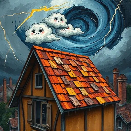 A vivid neo-expressionist painting depicting a resilient, weathered roof braving an approaching storm. The roof, rendered with bold, jagged brushstrokes in deep ochre, burnt sienna, and stormy gray, appears tilted and defiant against a swirling sky filled with energetic strokes of cobalt blue, black, and white, suggesting shifting clouds and impending danger. In the background, abstract, expressive shapes form a fragmented neighborhood of rooftops and chimneys, adding to the scene's chaotic atmosphere. Playful details include tiny cartoon rain clouds with googly eyes over the roof and bright lightning bolts zigzagging across the sky, illuminating the scene with dynamic energy. The roof shingles are exaggerated to resemble armor made of metallic, textured surfaces, symbolizing strength and resilience. The overall mood conveys warning and empowerment, combining emotional intensity and rough brushwork characteristic of neo-expressionism to evoke the chaos of natural forces and the steadfastness of a well-prepared roof amidst an approaching storm.