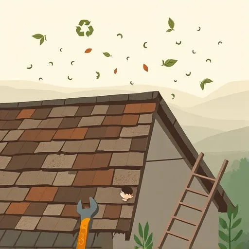 A detailed, symbolic illustration portraying the theme of disposing of old roofing materials responsibly. It features a weathered rooftop with broken shingles, rusty nails, and abstract shapes representing decay and renewal set against a soothing palette of earthy browns, soft greys, and faint greens. Whimsical cartoon-like recycling symbols and stylized leaves orbit the roof, suggesting transformation and environmental consciousness. Subtle representations of disposal methods—such as dumpsters, recycling bins, and eco-friendly waste spaces—are integrated into a serene landscape with distant rolling hills and a delicate sky with faint clouds symbolizing hope and rebirth. In the foreground, a stylized tool like a wrench or repurposed ladder hints at repair and responsible disposal without depicting human figures. The overall tone is calm yet purposeful, emphasizing sustainability, transition, and renewal through rich symbolism and harmonious earth-tone colors, inspiring mindful waste management and environmental stewardship.
