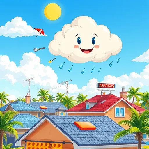 A vibrant digital illustration depicting the top emergency roofing companies in Wildwood, Florida. The scene features a sunny Florida landscape with a bright blue sky, fluffy clouds, and swaying palm trees in a suburban setting. Several rooftops are shown in various stages of repair, with playful, exaggerated cartoon tools like oversized hammers, wrenches, and tarps scattered across the scene, highlighting quick repair and craftsmanship. A cheerful storm cloud with a friendly, mischievous face hovers overhead, symbolizing emergency situations with a reassuring tone. Small animated details include tiny raindrops with umbrellas and flashing warning lights atop roofs, conveying urgency and professionalism. The color palette of sunny yellows, vibrant greens, and bright blues, accented with bold reds and oranges, creates an energetic and approachable mood. The sleek yet playful art style features clean lines and expressive shapes, emphasizing trustworthy, rapid service with a friendly and quirky charm—perfect for an SEO-optimized blog cover representing reliable emergency roofing solutions in Wildwood, Florida.