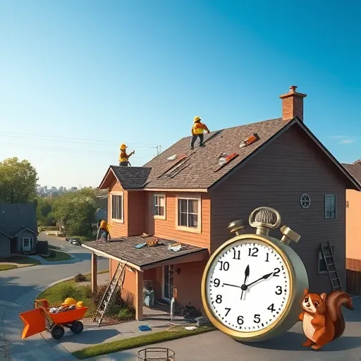A detailed scene of roof installation in a suburban neighborhood under a clear blue sky. A sturdy house with a partially completed roof is centered, with workers in bright yellow safety gear actively laying shingles using hammers and nail guns. Tools and materials such as ladders, storage bins overflowing with shingles and tools, and a small wheelbarrow filled with supplies are scattered around, indicating ongoing craftsmanship. In the foreground, a cartoon-style stopwatch with exaggerated hands subtly highlights the theme of measuring roofing timelines. Nearby, playful animals—a squirrel wearing a tiny hard hat and a dog tugging at a toolbox—add lively, humorous elements. The background features a calm, tree-lined street with neighboring homes, emphasizing community. The scene uses warm earthy tones, realistic shading, and subtle textures to create a trustworthy, professional atmosphere, showcasing the durability and efficiency of modern roof installation. The artistic style is SocialRealism, blending realistic and stylized elements to engage viewers on a blog about roofing timelines.