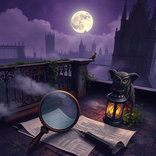 A gothic-inspired illustration depicting a rooftop deck assessment scene. The weathered rooftop features ornate wrought-iron railings entangled in creeping ivy and moss, partially obscured by swirling ghostly fog. Cracked tiles and sagging wooden planks reveal signs of decay, with hints of rust and vulnerability. In the foreground, an antique magnifying glass with gothic filigree rests on architectural blueprints and dimly glowing lanterns, indicating careful inspection. Gothic arches and pointed windows silhouetted against a moonlit sky with dark purple and muted gray tones add to the mysterious atmosphere. Small whimsical details include a tiny gargoyle observing the scene and an owl hidden among ivy with piercing eyes. The dark, richly detailed color palette of deep purples, charcoals, muted golds, and icy blues enhances the gothic aesthetic, evoking a mood of contemplative decay, historical mystery, and meticulous care.