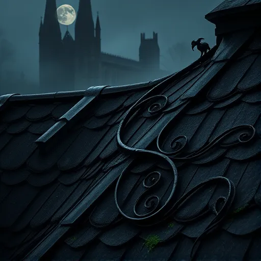 A moody Gothic-inspired rooftop scene featuring ornate blackened metal valley flashing intertwined with steep dark slate shingles. The intricate metalwork appears almost alive, with twisted iron filigree forming elaborate, winding patterns. Shadows cast by the uneven tiles highlight their texture and depth, while patches of moss and lichen add aged character. In the background, towering Gothic arches, spindly gargoyle-like figures, and faint moonlight evoke an ancient, mystical atmosphere. Small gargoyle statues perched on ridges peer mischievously from behind the flashing, alongside abstract symbols etched into the metal, suggesting secret craftsmanship. The scene's dark color palette includes charcoal, inky black, slate grey, tarnished silver, and deep emerald green moss, creating a rich, atmospheric Gothic aesthetic that blends elegance with eccentricity, capturing the artistry and timelessness of Gothic roofing valley detailing.