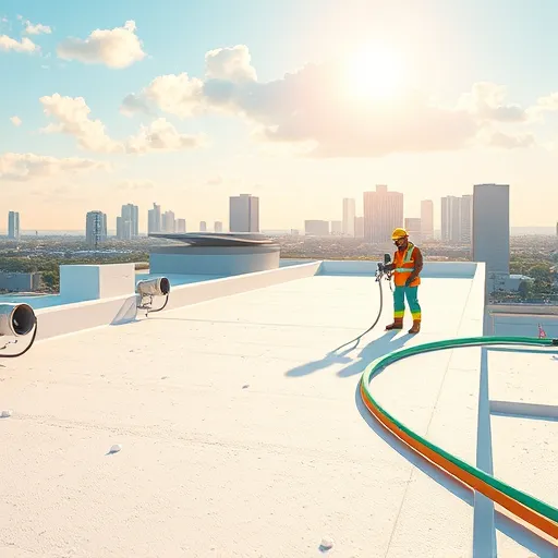 A vibrant digital illustration depicting the spray foam roofing installation process on a modern urban rooftop bathed in warm daylight. The scene features a sleek rooftop with textured, partially sprayed glossy foam layers reflecting light, illustrating meticulous craftsmanship. Quirky spray equipment with exaggerated nozzles and colorful hoses in turquoise, orange, and lime green sprinkles foam droplets and spray arcs mid-air, adding playful energy. In the background, stylized geometric city buildings contrast with soft, pastel-colored clouds and organic foam spray clouds swelling across the rooftop, blending realism with charm. A cheerful worker in safety gear, surrounded by tiny foam specks, emphasizes a friendly, professional atmosphere. Elements like solar panels and distant greenery highlight eco-friendly and sustainable design. The lively color palette of cool blues, crisp whites, and vibrant accents enhances the scene’s fresh and innovative mood, conveying spray foam roofing as an advanced, eco-conscious roofing solution with a fun, engaging touch.