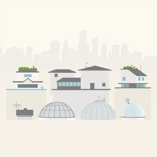A minimalist illustration featuring a variety of commercial roof types arranged horizontally against a soft pastel cityscape silhouette background. The image includes stylized icons of flat roofs with rooftop gardens, gabled and hipped roofs with simple shingles, modern bio-dome-like domed and curved roofs, and sleek metal or reflective roofs with minimal detail. Small whimsical elements such as antennae, bird nests, and satellite dishes add playful detail without clutter. The background utilizes muted grays, blues, and whites with subtle geometric patterns and faint grid lines, emphasizing architectural precision. The overall design conveys a sense of modern professionalism, creativity, and calm expertise, ideal for a blog cover on commercial roof options.