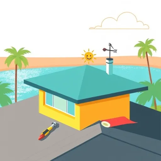 Minimalist illustration of emergency roof repair in Leesburg, Florida, featuring a modern geometric house with a flat rooftop and a recently repaired section. Bright turquoise, sunny yellow, and coral colors evoke Florida’s tropical vibe, complemented by white and dark gray accents. On the roof, a neat repair toolkit includes a screwdriver, hammer, and patch roll, adding playful detail. In the background, simplified silhouettes of Lake Harris and lush palm trees set a serene scene under a soft gradient sky transitioning from orange to blue. A small, smiling sun and a spinning weather vane enhance the friendly, professional atmosphere. The design conveys efficiency, care, and readiness, ideal for a blog cover on emergency roof repair services in Leesburg.