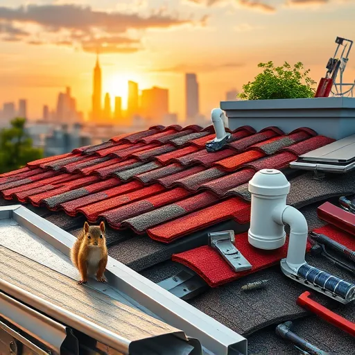A highly detailed, photorealistic montage of roofing accessories placed against a softly blurred modern urban skyline at dawn. The image features shiny metal flashing, intricately patterned asphalt shingles, vibrant rubber roof membranes, sturdy gutters, colorful vent pipes, and innovative solar attachment brackets, all arranged in a playful yet professional manner. A whimsical cartoonish squirrel peeks out from behind a gutter, adding a touch of humor. Warm golden lighting highlights reflective surfaces and textures, blending into cooler tones, creating a calm yet lively atmosphere. In the background, a rooftop garden with lush greenery and scattered tools emphasizes sustainability and craftsmanship in an urban setting. The scene showcases hyper-realistic details such as metallic shine, nuanced shadows, and intricate patterns, using a balanced color palette of silvers, browns, reds, greens, and blues. Overall, the image conveys expertise, modernity, and creativity in roofing accessories and construction innovation.
