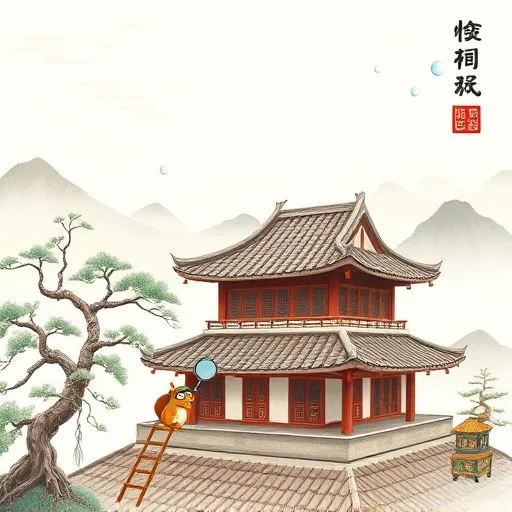 A traditional Chinese landscape digital artwork with a whimsical modern twist illustrating the theme "Are DIY roof inspections reliable." In the foreground, a detailed bamboo ladder leans against an ornate, ancient pagoda-style roof with intricately rendered wooden shingles. A cheerful cartoon squirrel wearing tiny goggles and a scouting hat perches on a branch, holding a small magnifying glass, adding playful charm. Soft wispy clouds in pale jade and light cinnabar drift across the sky, creating a tranquil atmosphere. An ancient bonsai tree with twisted roots and lush foliage sits in one corner, symbolizing wisdom, while floating soap bubbles reflect rooftops and inspection tools, adding a light-hearted element. In the background, misty ink-wash mountains provide depth and traditional ambiance, contrasted by a faint outline of a smartphone behind a bamboo screen, hinting at modern DIY technology. The flowing brush stroke style employs earthy greens, muted reds, and subtle grays, blending traditional artistry with playful curiosity, evoking a sense of reliable yet fun DIY roof inspections.