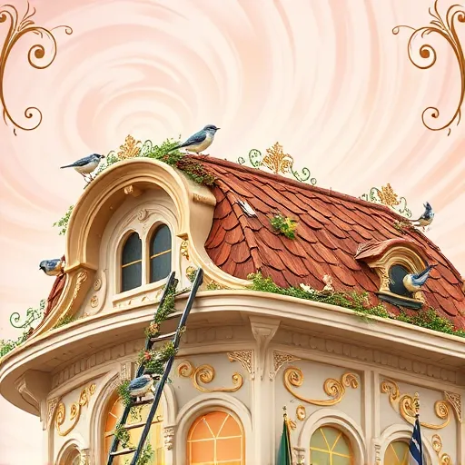 A whimsical Rococo-inspired scene depicting wood shake roof installation services. The scene features an ornate, gilded rooftop garden atop a delicately curved building with intricate swirling patterns, rocaille motifs, and ornate cornices. Soft pastel-colored foliage and lace-like decorative elements intertwine with freshly installed wooden shakes in warm browns and rustic reds, highlighting craftsmanship. Playful Victorian-dressed birds inspect the roof, adding a quirky touch. An exaggerated ladder decorated with curling vines leans toward the roof, emphasizing whimsy. The background showcases a soft blush and pale lavender sky with shimmering golden accents, creating an idyllic atmosphere. Elegant Rococo architectural details and tiny decorative tools and seals enhance the luxurious and joyful mood, blending ornate elegance with a lighthearted celebration of home improvement.