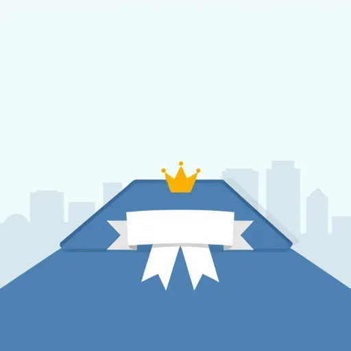 A minimalistic illustration of a roofing license scene featuring a modern rooftop composed of simple blue and gray triangles and rectangles, suggesting professionalism and calmness. Overlapping roof tiles subtly resemble approval stamps or certification marks, adding a playful element. In the foreground, a stylized ribbon scroll or badge representing a roofing license is prominently displayed, topped with a small crown or star symbolizing quality and achievement. The background depicts a sleek, abstract city skyline silhouette with soft, curved lines and a gradient from light sky blue to white, conveying urban professionalism and trust. The overall design uses a restrained color palette of blue, gray, white, and subtle gold accents, blending credibility with a friendly, approachable aesthetic ideal for a blog cover on roofing licenses.