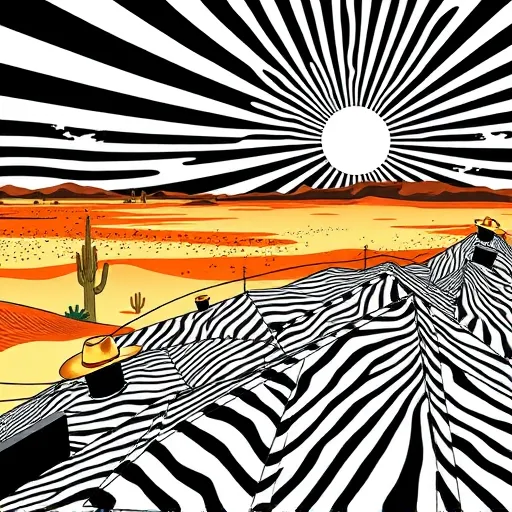 An OpArt-inspired design featuring black-and-white geometric patterns that create a sense of movement and depth, centered around roofing in Killeen, TX. Stylized, angular rooftops ripple across the image, representing various roofing styles, with abstracted shingles and vents forming bold, repetitive motifs. The background depicts a desert landscape with distant mesas and the Texas sky, seamlessly blending layered patterns that evoke the local environment. Playful touches include tiny cowboy hats atop stylized roof peaks and a swirling sun radiating beams that echo the OpArt patterns. The composition uses a vibrant palette of deep blacks, crisp whites, warm sunset oranges, cool turquoise blues, and sandy yellows, capturing the energetic and lively spirit of Killeen’s community. Overall, the design is dynamic, engaging, and visually striking, perfect for illustrating roofing solutions in Killeen, TX.