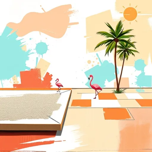 A colorful, abstract painting illustrating a commercial flat roofing installation in Mount Dora, Florida, in the style of Tachisme. The artwork features bold, sweeping brushstrokes and textured patches representing layers of roofing materials and construction energy. Minimalist geometric shapes depict flat roofs, with textured surfaces resembling granulated roofing materials. The background uses warm oranges, turquoise blues, and sandy neutrals to evoke Florida’s sunny climate. Playful details include tiny stylized flamingos perched on rooftops, abstract sun motifs, and loosely painted palm trees in the distance, reflecting Mount Dora’s charm. The energetic composition combines expressive brushwork and a vibrant palette of yellows, corals, seafoam greens, and browns, symbolizing professionalism in roofing installation with an artistic, lively flair suitable for a blog cover image.