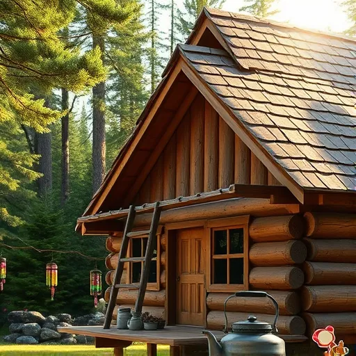 A highly detailed, photorealistic image of a rustic log cabin nestled in a tranquil forest clearing. The cabin features a sturdy wooden roof with intricately overlapping shingles that are weathered, curved, and textured, highlighting craftsmanship and durability. Surrounded by lush greenery and tall pine trees, the scene is illuminated by dappled sunlight filtering through leaves, casting warm golden reflections on the roof. In the foreground, a small wooden ladder leans against the cabin, suggesting ongoing maintenance or rustic building features. Nearby, a vintage tin coffee kettle rests on a stone fire pit, evoking cozy, rustic living. Playful details include colorful wind chimes hanging from a low branch and a curious squirrel peering from behind the eaves, adding charm to the scene. The background reveals dense, vibrant forest with hints of wildflowers and moss-covered rocks, emphasizing natural harmony. The overall mood is calm, warm, and inviting, with earthy tones of brown, green, and amber, capturing a sense of cozy simplicity and craftsmanship. The image's photorealistic style vividly depicts textures—from the rough wooden shingles and tree bark to the soft sunlight glow—making it an ideal visual for a blog cover on rustic home roofing and natural home exteriors.
