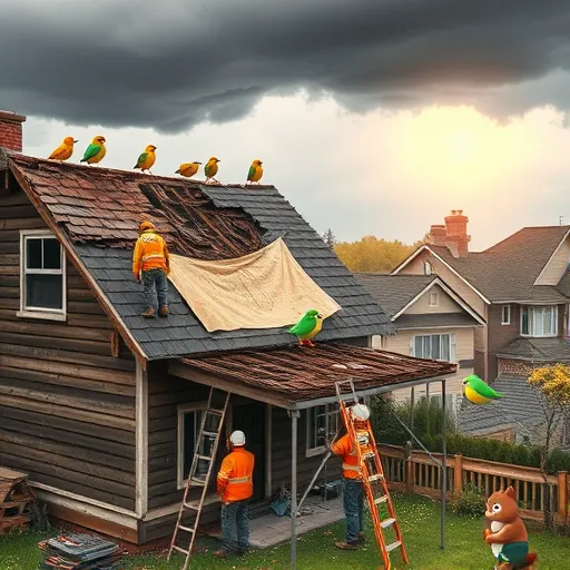 A hyper-realistic scene showing storm damage roof repair on a weathered house with a partially torn roof, scattered shingles in the yard, and exposed rafters after a fierce storm. Skilled workers in bright orange safety gear and toolbelts are repairing the roof using ladders and scaffolding, with a large tarp temporarily covering vulnerable sections. The cloudy sky is just clearing, with dark gray storm clouds giving way to streaks of sunlight, illuminating the scene with a hopeful glow. Quirky details include cartoonish birds perched on roof edges watching the repair and a playful squirrel clutching a tiny tool from a tree branch. In the background, a suburban neighborhood with intact homes contrasts with the damaged site. The image emphasizes resilience and professional roof repair services, with textures of shingles, tools, and weathered wood highlighted in a vibrant, inviting atmosphere.