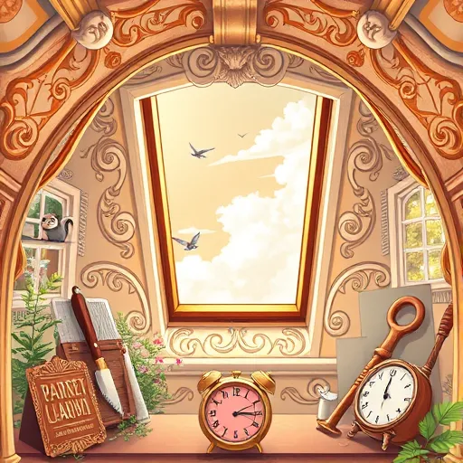 Whimsical Rococo-inspired illustration of DIY skylight installation in an ornate attic space. The scene features elaborate, swirling rococo architectural details such as gilded cornices, curved moldings, and floral motifs surrounding a partially open wooden skylight hatch, revealing a sky with fluffy clouds and flying birds. The richly decorated attic is illuminated by golden sunlight pouring through the skylight. Vintage-style tools like saws, chisels, and measuring devices, embellished with decorative flourishes, are arranged alongside playful details including a tiny floating-handed clock and a curious squirrel peeking through a window. Rustic wooden beams with intricate carvings frame the scene, highlighting craftsmanship. In the background, a lush garden is visible through small, ornate windows, with soft pastel leaves and flowers symbolizing growth. Playful elements such as a small warning plaque and a delicate safety harness introduce a sense of safety and caution. The color palette includes soft blush pinks, pale golds, creamy whites, and gentle sky blues, creating an elegant, charming, and approachable depiction of the DIY skylight installation process with a mix of sophistication and whimsy.