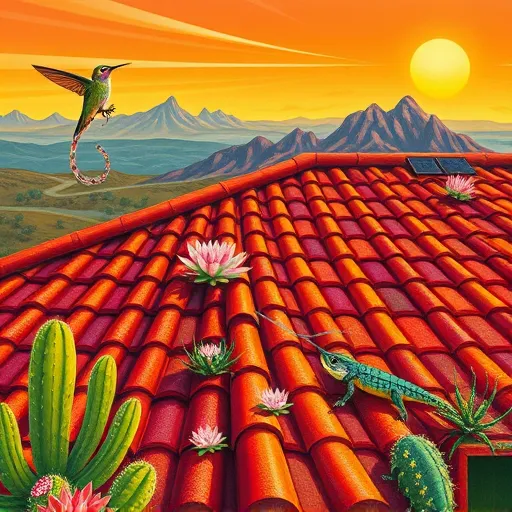 A vibrant Mexican Muralism-style illustration depicting self-healing roof shingles technology. The scene features a large, stylized rooftop with intricate shingles that appear alive, showing subtle cracks that heal themselves with glowing energy strands flowing through them. Symbolic elements include blooming cacti and resilient agave plants, representing resilience and renewal, alongside flowing water motifs. In the background, sunlit mountains with bold-lined rugged textures stretch across a clear sky, emphasizing strength. Playful details include a shimmering hummingbird perched on a shingle and a chameleon blending into the tiles, symbolizing adaptability. Tiny solar-powered insects with smiling faces and embedded mechanical gears add a humorous touch, illustrating the fusion of nature and technology. The warm, earthy color palette features vibrant terracotta, deep ochres, bright turquoise, and sunny yellows, creating an optimistic and empowering mood. The composition emphasizes unity between tradition and innovation through bold lines, stylized figures, and decorative patterns, celebrating sustainable technology in a lively, culturally rich visual narrative.