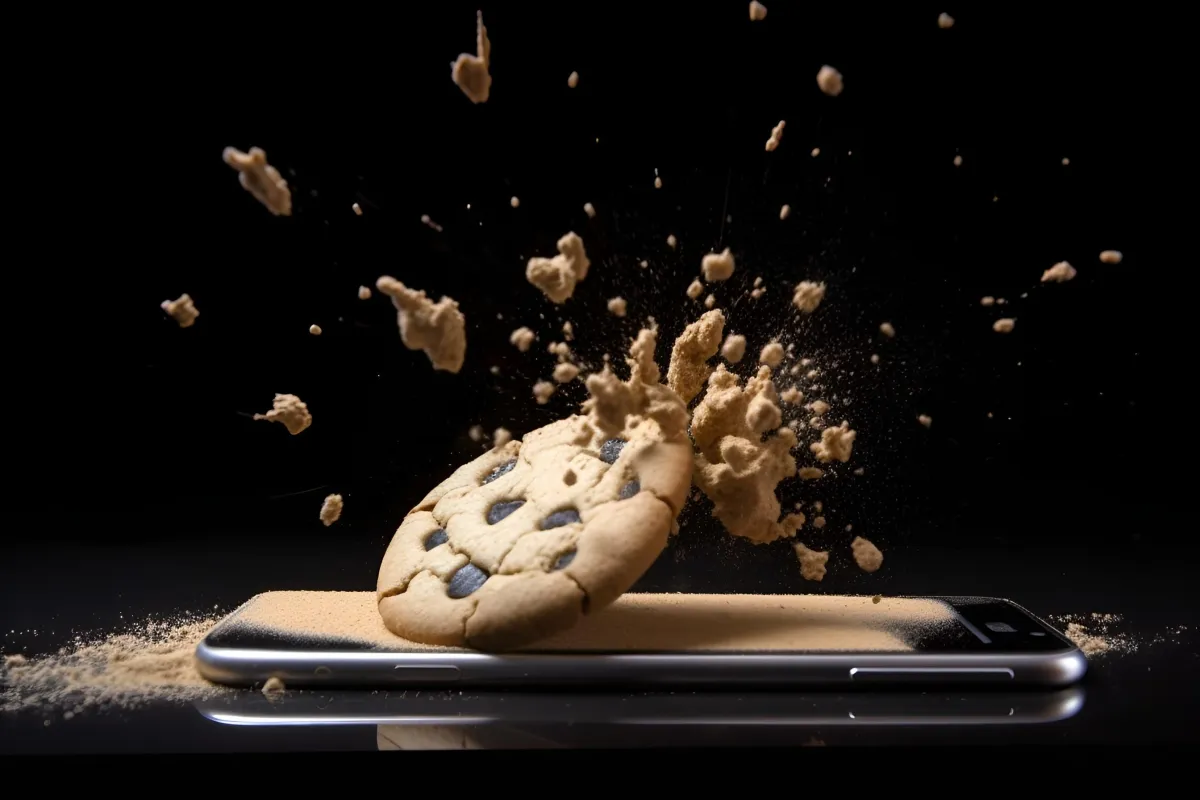 A cookie being droped on a laptop computer and shattering