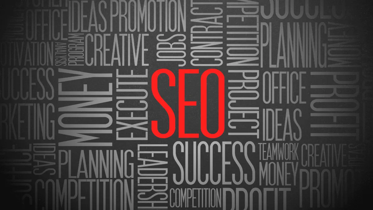Word collage that says SEO in red in the center to stand out.